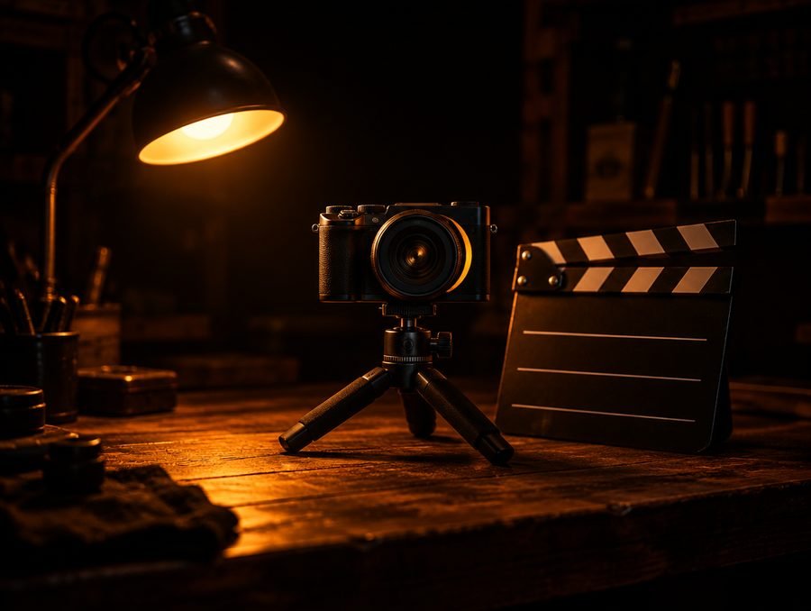 Kompaktkamera auf einem Stativ neben einer Filmklappe