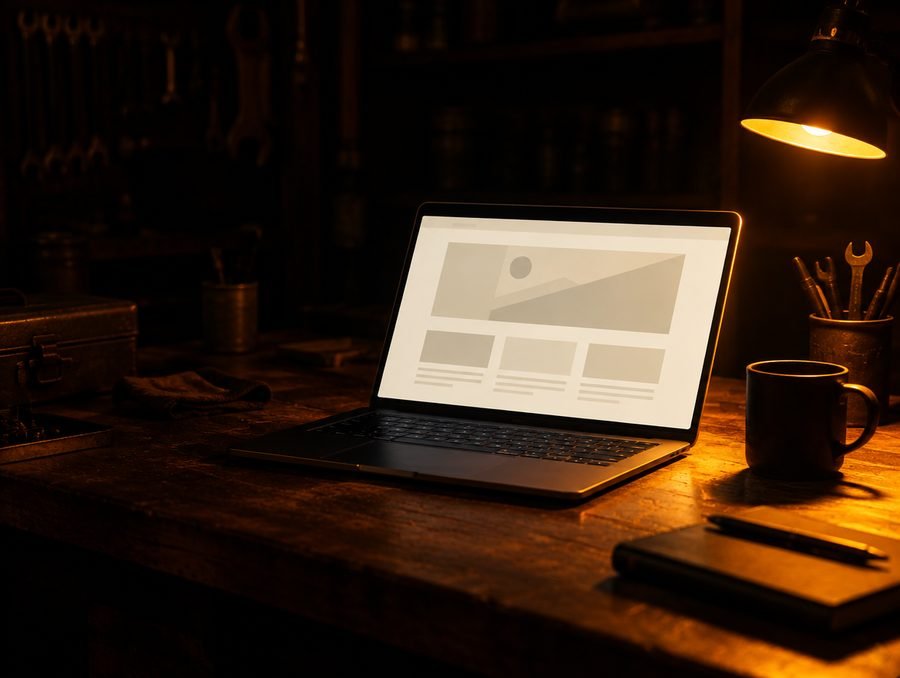 Laptop auf einer Werkbank, darauf ein schlichtes Seitenlayout